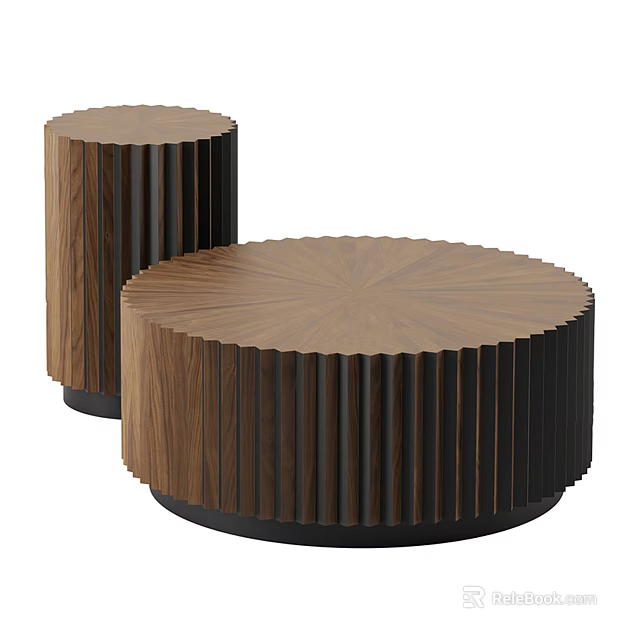Modern Wooden Round Coffee Table With Striped Design And Two Different Heights 3d model