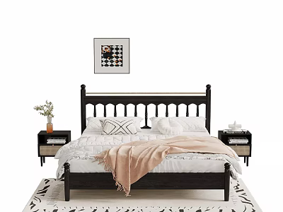 Stylish Bedroom Interior Featuring Black Headboard White Sheets Pink Blanket Nightstands Decorative Art And Rug 3d model