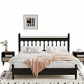Stylish Bedroom Interior Featuring Black Headboard White Sheets Pink Blanket Nightstands Decorative Art And Rug