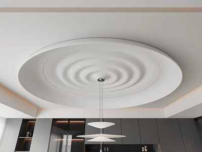 Modern Interior Featuring Circular Ceiling Design With Hanging Pendant Lights And Gray Cabinets 3d model