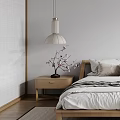 Modern Minimalist Bedroom Interior With Wooden Bed White Walls Pendant Light And Area Rug
