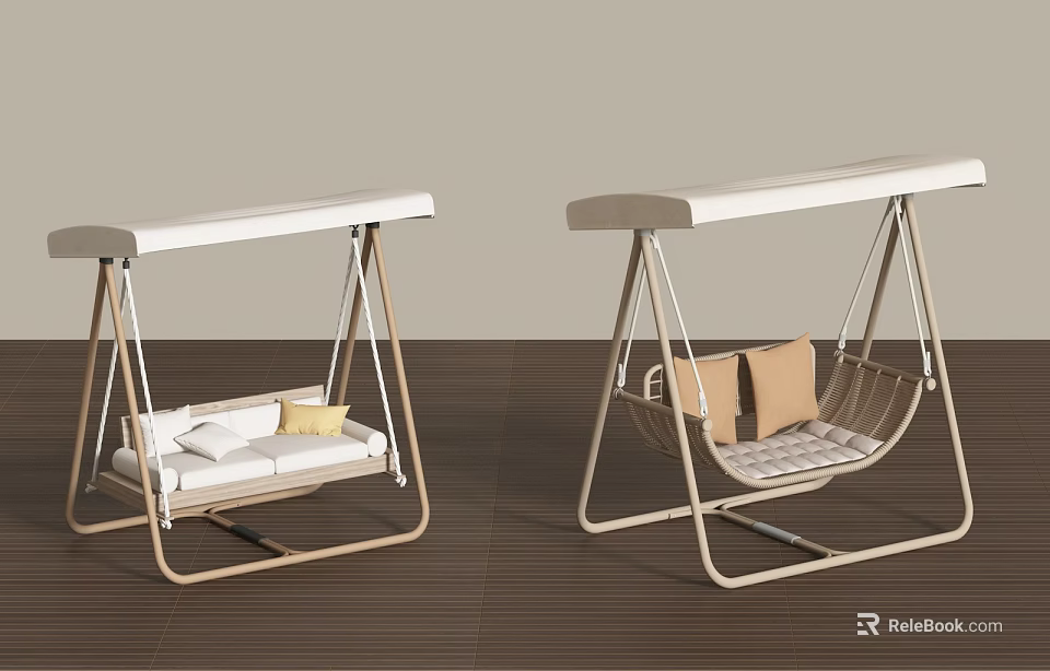 Two Outdoor Wooden Frame Swing Chairs With Cushions And Canopy Top 3d model 