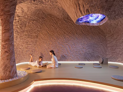 Rocky Cave Like Interior With Two People Illuminated Floor And Starry Light Fixture 3d model