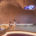 Rocky Cave Like Interior With Two People Illuminated Floor And Starry Light Fixture