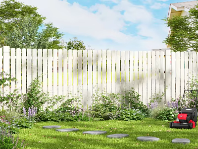 Beautiful Garden Yard With White Picket Fence Green Lawn And Stone Stepping Stones 3d model
