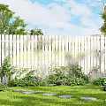 Beautiful Garden Yard With White Picket Fence Green Lawn And Stone Stepping Stones