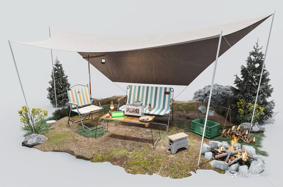 Canopy Tent Outdoor Setup With Folding Chairs Campfire And Greenery 3d model