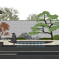 Chinese Courtyard Garden With Red Maple Tree Pine Statue Waterfall And Stone Wall Design 3d model