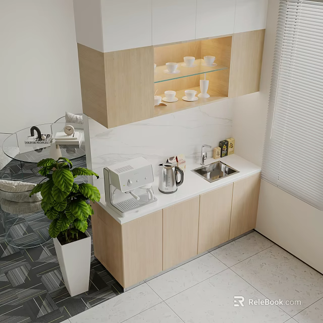 Modern Light Wood Kitchen Cabinets With Open Shelves Sink And Appliances 3d model 