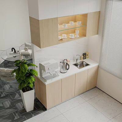 Modern Light Wood Kitchen Cabinets With Open Shelves Sink And Appliances 3d model