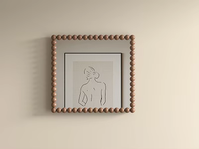 Mirror With Brown Beaded Frame And Simple Line Drawing Female Back Silhouette On Light Wall 3d model