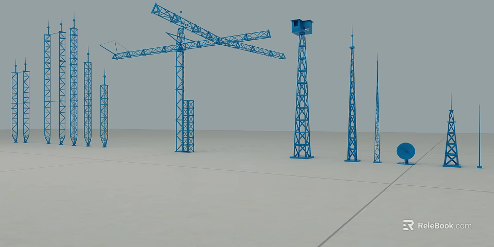 Blue Industrial Equipment Showcase Featuring Tower Cranes And Steel Towers 3d model 