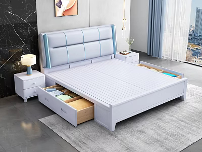 Modern Background Double Bed With Light Blue Headboard Storage Drawers Nightstands And City View 3d model