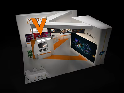 Modern Exhibition Booth With V Shaped Design Orange White Color And Digital Display Screens 3d model