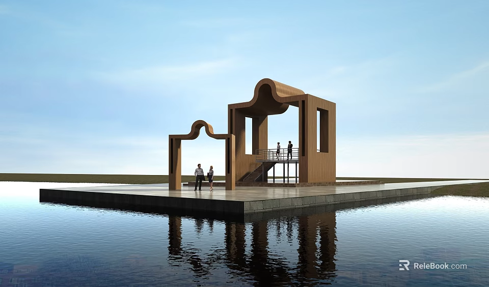 Modern Wooden Waterfront Architectural Structure With Arch Shapes People Standing And Water Reflection 3d model 