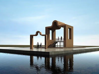 Modern Wooden Waterfront Architectural Structure With Arch Shapes People Standing And Water Reflection 3d model