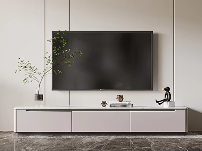 Modern White TV Stand With Drawers Wall Mounted TV Decorative Items And Green Plant 3d model