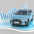 Frigate 07 Blue SUV Display On Modern Platform With Mountain Shaped Decorations