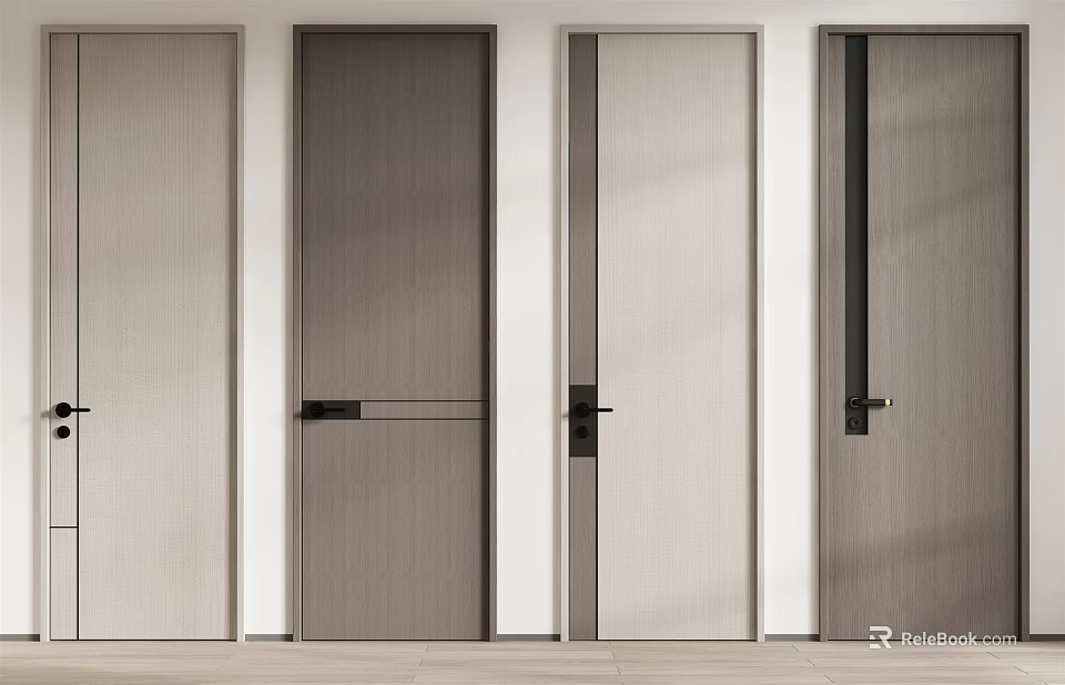 Modern Minimalist Hinged Doors with Wood Textures and Black Handles 3d model 