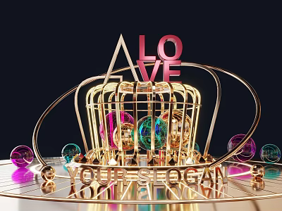 Golden Decorative Structure With LOVE Sign Colorful Spheres And Slogan 3d model