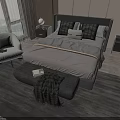 Modern Double Bed With Gray Bedding Bedside Tables Bench And Window View 3d model