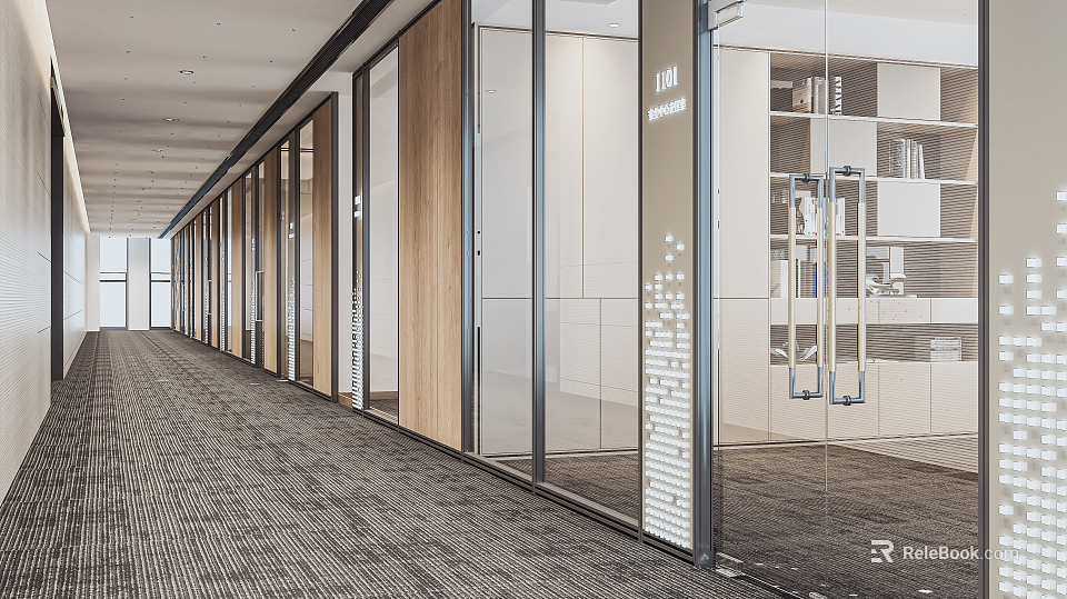 Modern Office Corridor Interior With Glass Partitions Wooden Panels And Carpeted Floor 3d model 