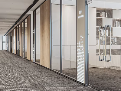 Modern Office Corridor Interior With Glass Partitions Wooden Panels And Carpeted Floor 3d model