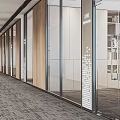 Modern Office Corridor Interior With Glass Partitions Wooden Panels And Carpeted Floor
