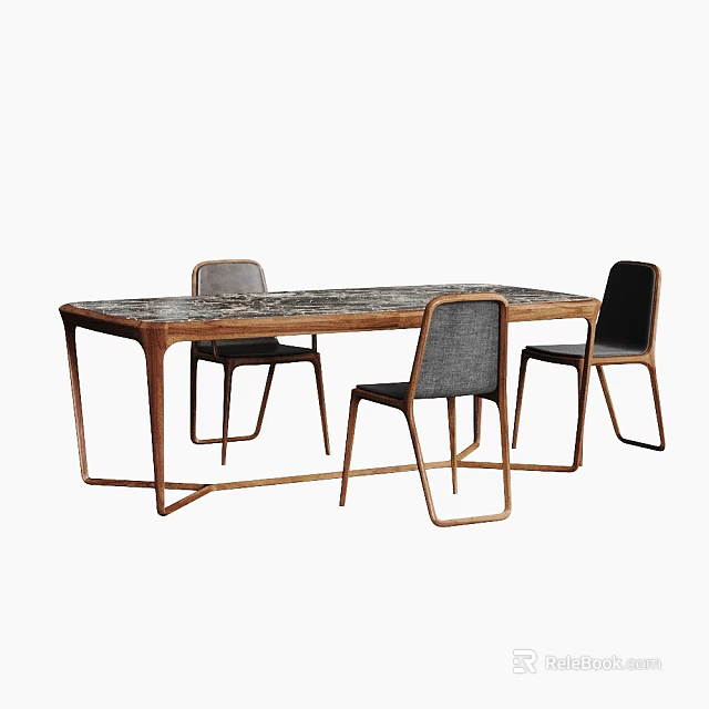 Modern Wooden Dining Table Set With Four Gray Upholstered Chairs And Metal Legs 3d model 