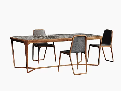 Modern Wooden Dining Table Set With Four Gray Upholstered Chairs And Metal Legs 3d model