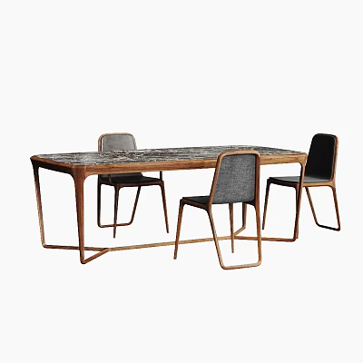 Modern Wooden Dining Table Set With Four Gray Upholstered Chairs And Metal Legs 3d model
