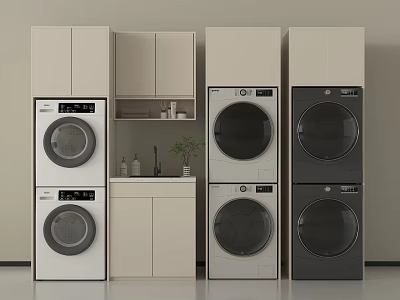 Modern Stackable Washing Machines and Dryers with Cabinet Countertop and Green Plant 3d model