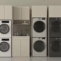 Modern Stackable Washing Machines and Dryers with Cabinet Countertop and Green Plant