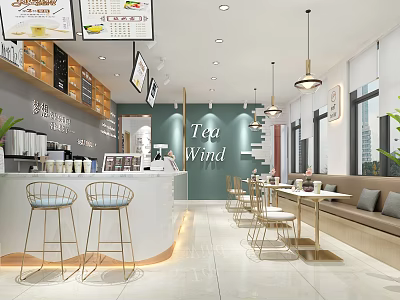Modern Tea Shop Interior With Bright Lighting Counter Seating And Green Plants 3d model