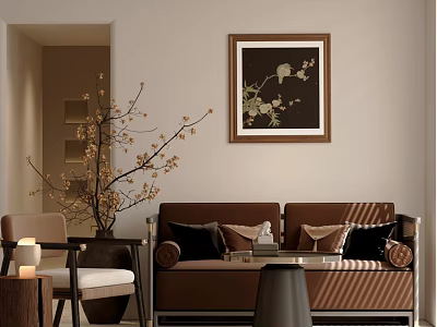 Cozy Brown Sofa And Coffee Table Set With Pillows Wall Art And Branch Decoration 3d model