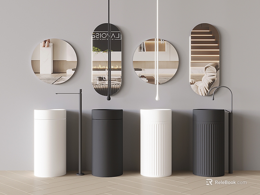 Modern Bathroom Interior With White And Black Textured Washbasins And Round Hanging Mirrors 3d model 