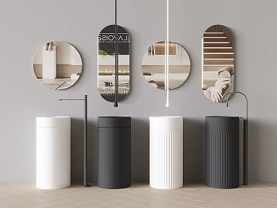 Modern Bathroom Interior With White And Black Textured Washbasins And Round Hanging Mirrors 3d model