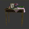 Classic Wooden Desk with Carved Legs Framed Photo Vase Books and Striped Cloth