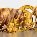 Traditional Mid-Autumn Festival Golden Decorations With Moon Fan And Fortune Characters