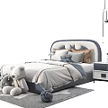 Cozy Kids Bed with Blue Gray Headboard Soft Pillows Stuffed Teddy Bear and White Nightstand