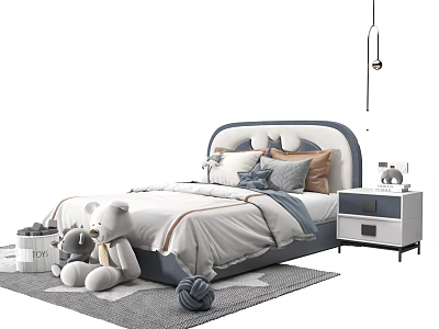 Cozy Kids Bed with Blue Gray Headboard Soft Pillows Stuffed Teddy Bear and White Nightstand 3d model