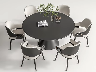 Round Black Dining Table Set with Six Gray White Chairs Green Plant Magazine and Vase 3d model