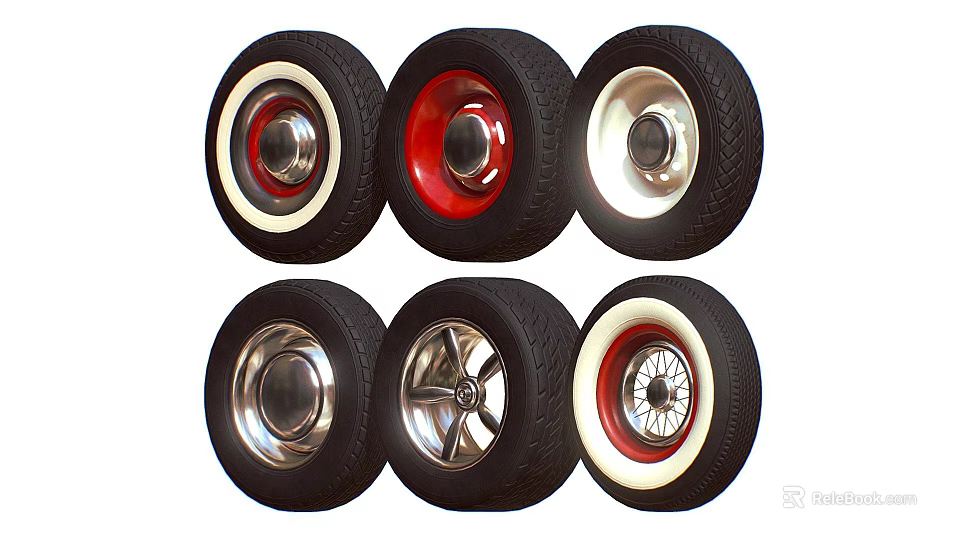 Assorted Car Tires With Different Wheel Rim Styles And Colors 3d model