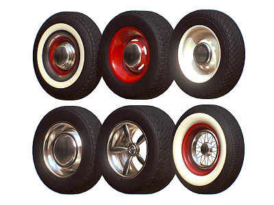 Assorted Car Tires With Different Wheel Rim Styles And Colors 3d model