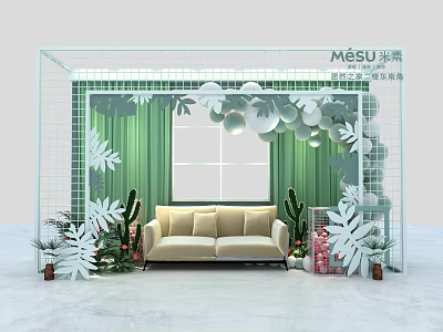 Stylish Photo Check-in Spot With Green Curtains White Grid Frame Beige Sofa And Cactus 3d model