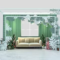 Stylish Photo Check-in Spot With Green Curtains White Grid Frame Beige Sofa And Cactus