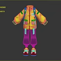 Yellow Jacket With Black And Green Accents Purple Pants And Blue Sneakers