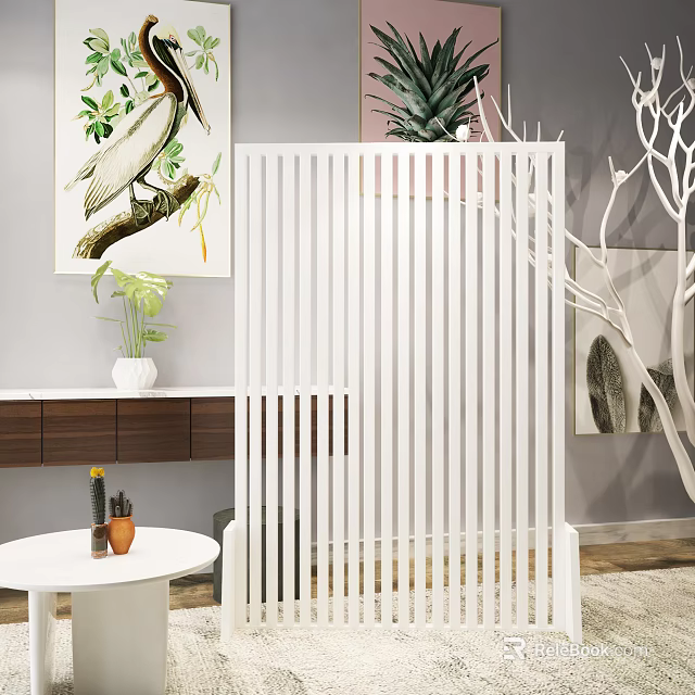 Modern White Vertical Slat Room Divider In Living Room With Decorative Paintings And Plants 3d model 