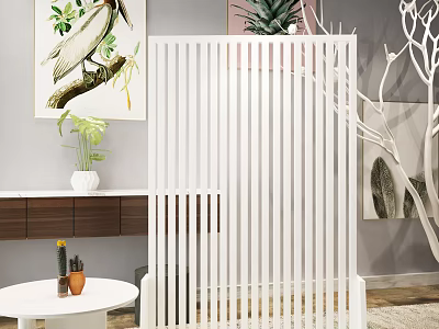 Modern White Vertical Slat Room Divider In Living Room With Decorative Paintings And Plants 3d model