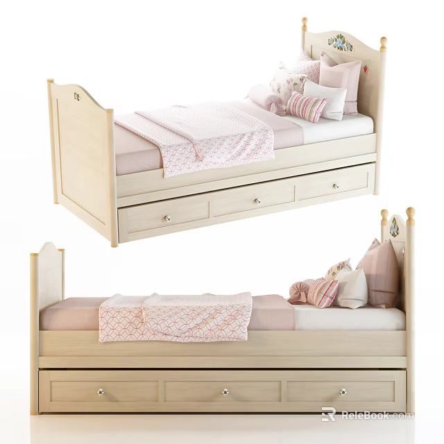 Light Wooden Kids Bed With Pink Bedding Storage Drawers And Stuffed Toys 3d model 